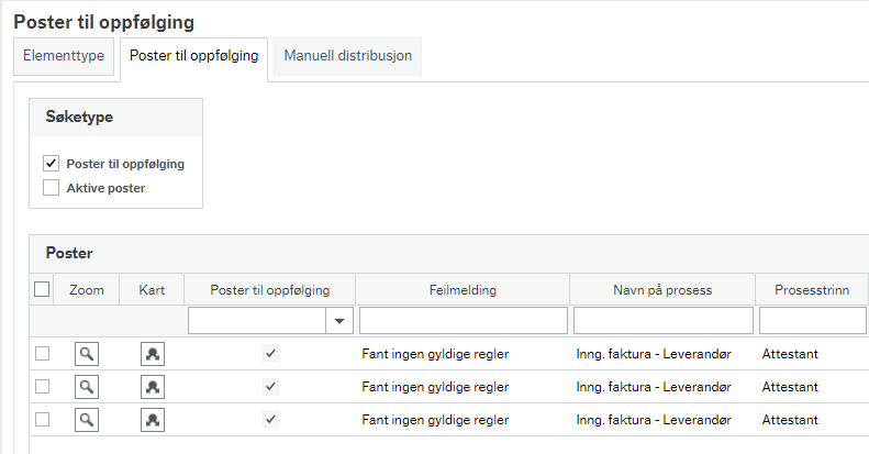 Skjermbildet viser feilmeldingen "Fant ingen gyldige regler" under poster til oppfølging.