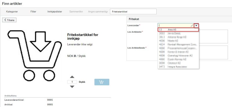 Skjermbilde som viser nedtrekksmenyen for friteksleverandør.