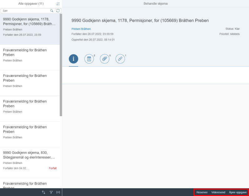 Bildet viser knapper for videresending og åpne oppgave nederst til høyre.