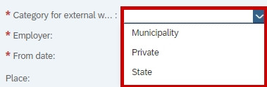 image showing drop-down menu with options for categories of external work.
