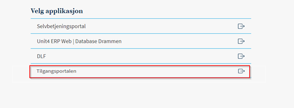 Bildet viser tilgangsportalen ved innlogging