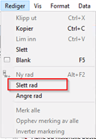 Skjermbilde av hvor du finner Slett rad