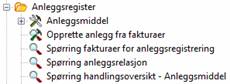 Bildet viser menypunkt Anleggsregister med undermenypunkt
