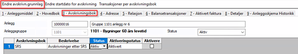 Skjermbilde viser skillearket Avskrivningsbok