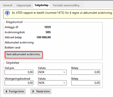 Skjermbilde av skillekort Salgsbeløp