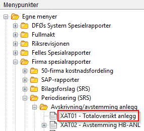 Skjermbildet viser menypunktet XAT01 - Totaloversikt anlegg