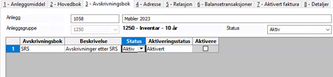 Skjermbilde av skillekortet Avskrivningsbok