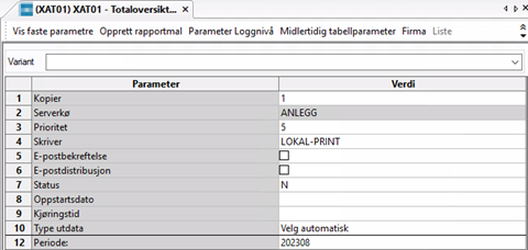 Skjermbilde som viser hvilke parametre som kan legges inn
