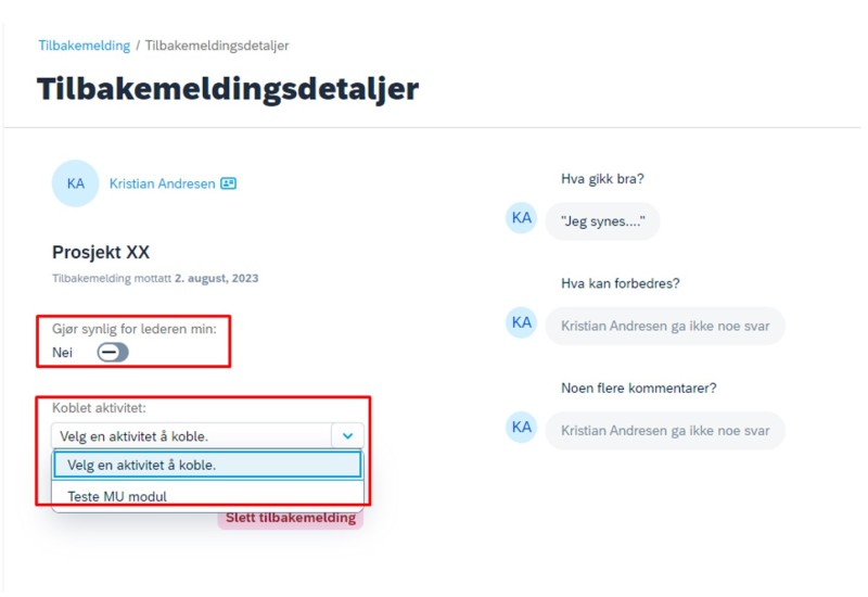 Skjermbilde fra DFØ HR Medarbeiderutvikling, tilbakemelding, tilbakemeldingsdetaljer