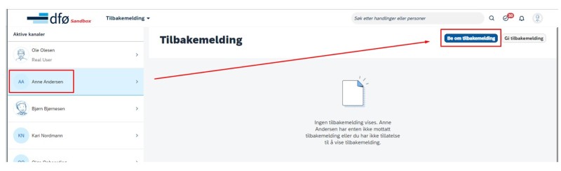 Skjermbilde fra DFØ HR Medarbeiderutvikling, tilbakemelding, be om tilbakemelding