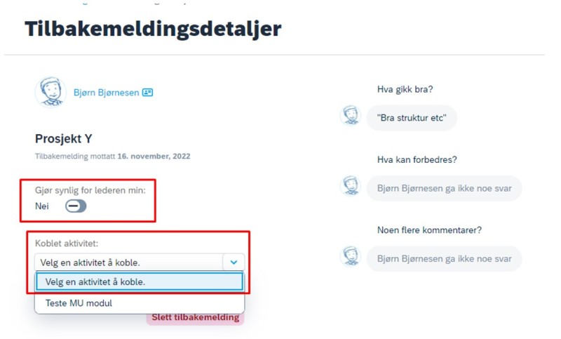Skjermbilde fra DFØ HR Medarbeiderutvikling, tilbakemelding, tilbakemeldingsdetaljer