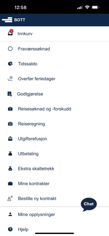 Skjermbildet viser DFØ-appen. Klikk på funksjonen "mine kontrakter."