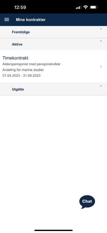 Skjermbildet viser funksjonen "mine kontrakter." Her finner du fremtidige, aktive og utgåtte kontrakter.