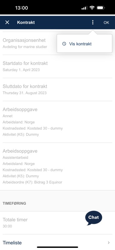 Skjermbildet viser at ved å trykke på trepunktsmenyen finner du funksjonen "vis kontrakt."