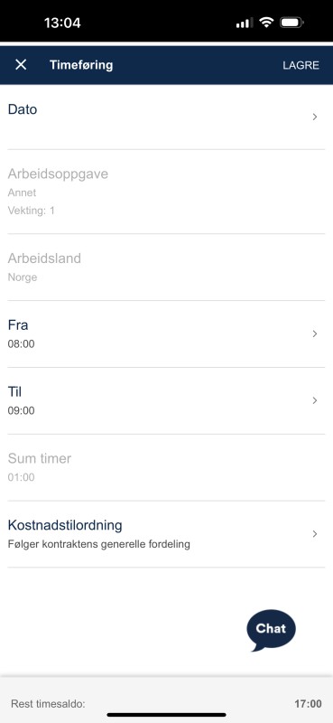 Skjermbildet viser at når du fører timer i DFØ-appen, må du legge inn dato, arbeidsoppgave og klokkeslett. Eventuelt arbeidsland og kostnadsfordeling.   