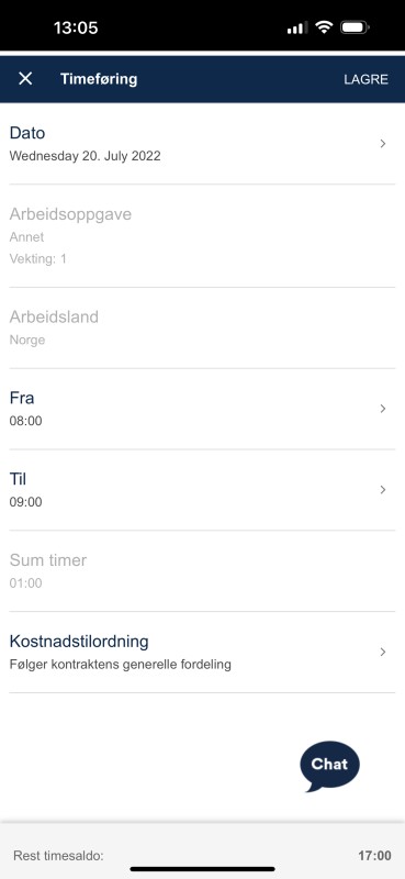 Skjermbildet viser timeføring i DFØ-appen. Når du har fylt inn feltene trykker du på lagre øverst til høyre.