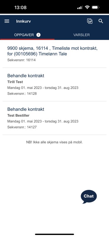 Skjermbildet viser at du i innkurven kan finne flere oppgaver. Klikk på "Timeliste mot kontrakt." 