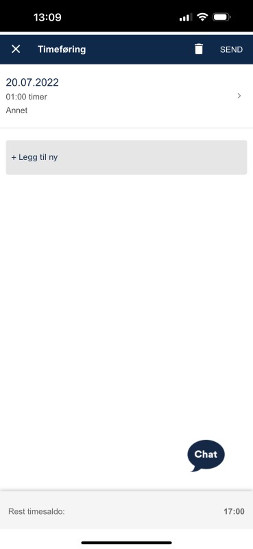 Skjermbildet viser hvordan registrerte timer ser ut i appen.