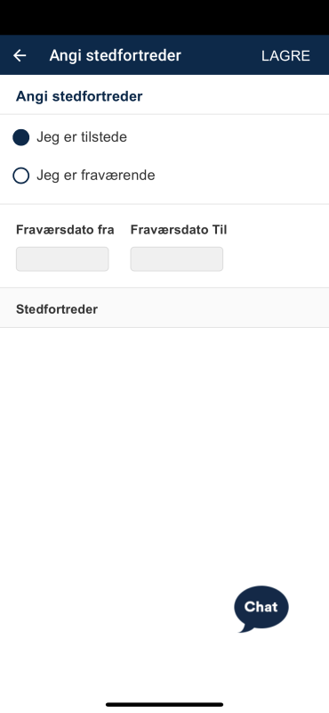 Oversikten består av to valg, enten Jeg er tilstede eller Jeg er fraværende. Den inneholder også ei liste med eventuelle stedfortredere som er satt opp og hvilken fraværsdato fra og fraværsdato til som er valgt.