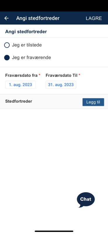 Velg Jeg er fraværende (radioknapp nummer 2) og legg så til Fraværsdato fra og Fraværsdato til under. Trykk deretter på Legg til (til høyre cirka midt på skjermen) for å legge til en stedfortreder.