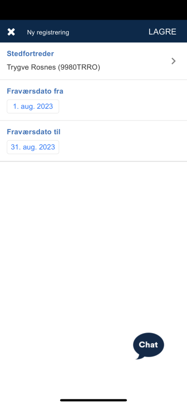 Stedfortreder er nå valgt, og i dette eksempelet er fraværsdato fra 1. august 2023 og fraværsdato til 31. august 2023. Dette lagrer du ved å trykke på Lagre oppe i høyre hjørne.