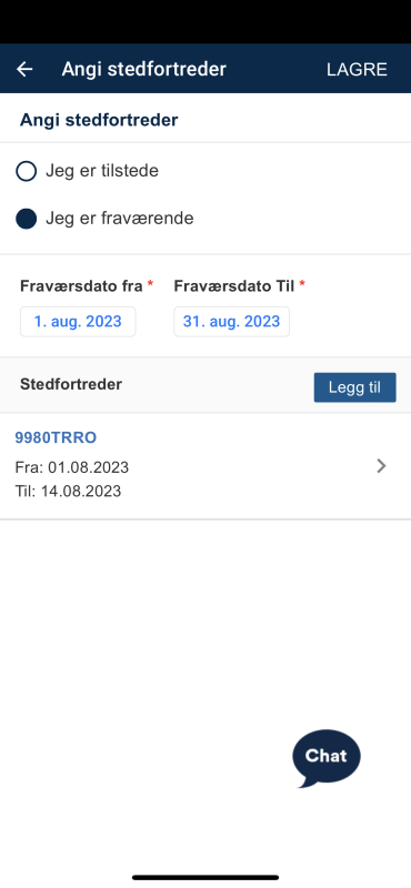Etter at du har lagret, kommer du tilbake til oversikten som viser statusen Jeg er fraværende og fraværsdato fra og fraværsdato til. Den første stedfortrederen og tilhørende fraværsdato fra og fraværsdato er listet opp under Stedfortreder.]