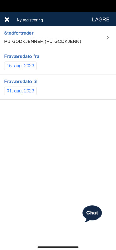 Den andre stedfortrederen er nå valgt, og i dette eksempelet er fraværsdato fra 15. august 2023 og fraværsdato til 31. august 2023. Dette lagrer du ved å trykke på Lagre oppe i høyre hjørne.