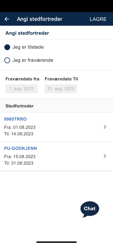 Du endrer statusen til Jeg er til stede ved å velge Jeg er tilstede (øverste radioknapp). Du vil fremdeles se tidligere stedfortredere listet opp under Stedfortreder dersom du ikke fjerner disse.