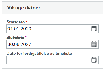 Skjermbilde av seksjonen Viktige datoer og felter som må fylles ut.