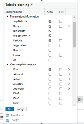 Bildet viser meny med kolonner som kan velges