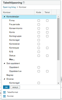 Skjermbilde av hvilke detaljer og relasjoner som kan velges