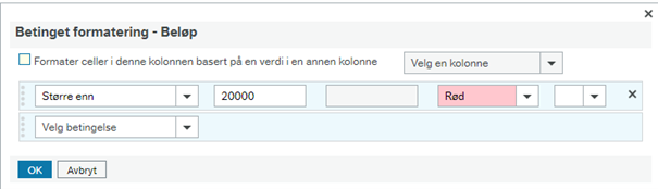 Skjermbilde av Betinget formatering med utfylte felter