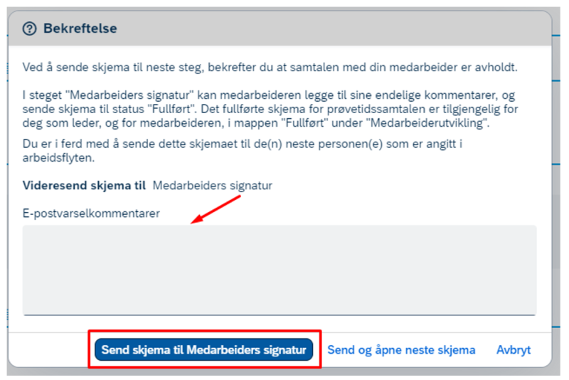 Skjermbilde av e-postvarselkommentarer til medarbeiders signatur