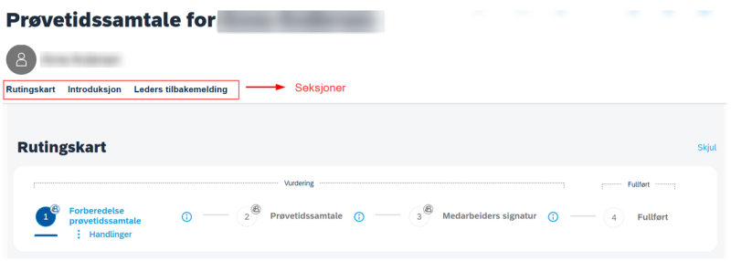 Skjermbilde som viser seksjonene rutingskart, introduksjon, mine notater og leders tilbakemelding