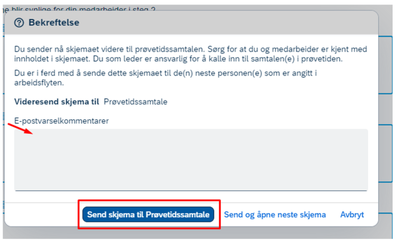 Skjermbilde av hvor du kan legge inn e-postvarselkommentarer før du sender inn skjema til prøvetidssamtale
