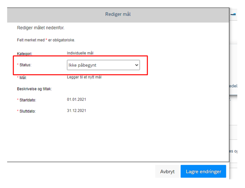 Skjermbilde av feltet "Status".
