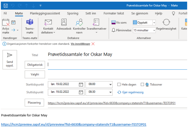 Skjermbilde av hvordan møteinvitasjonen ser ut i Outlook.