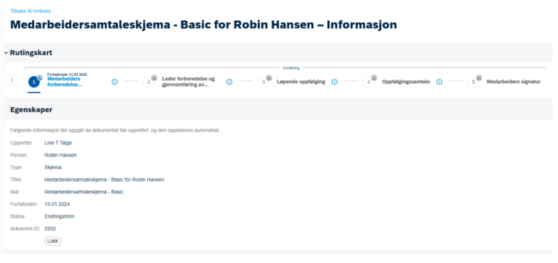 Skjermbilde av egenskaper i medarbeidersamtaleskjema.