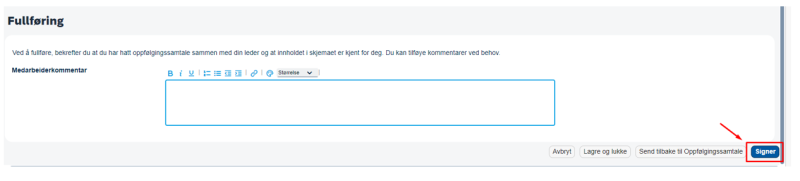 Skjermbilde av  hvor du finner knappen for "Signer" nederst i høyre hjørne.