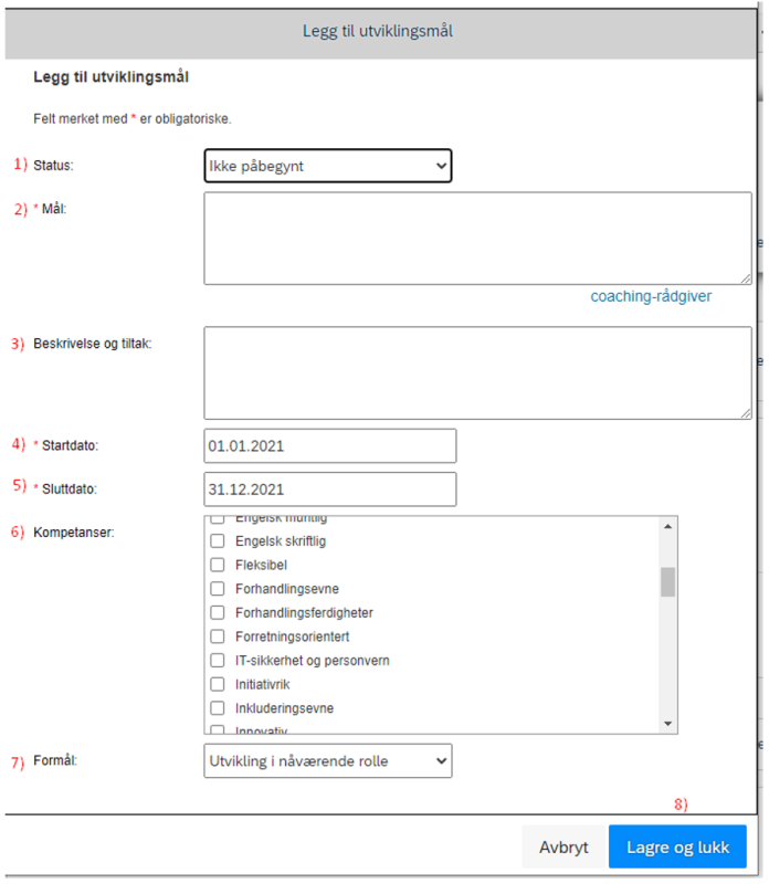 Skjermbilde av hvor du legger til utviklingsmål.