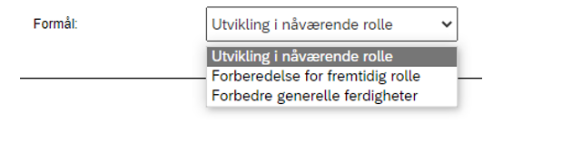Skjermbilde av hvor du velger passende formål.