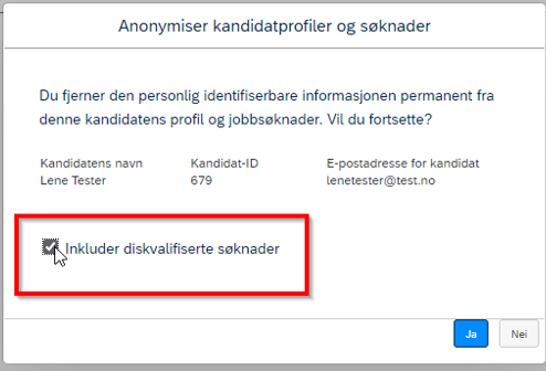 Bildet som viser hvor du må huke av for å anonymisere også diskvalifiserte søknader.