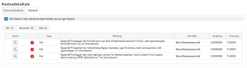 Informasjonslinjen sier "Gå tilbake til det relevante skjermbildet og korriger feilene." Videre er det en liste med ulike feilmeldinger for feil som må korrigeres.