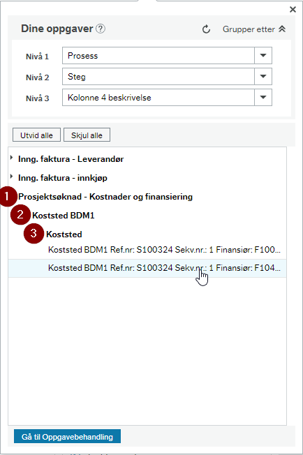 Eksempel på gruppering med nivå 1 Prosess, nivå 2 Steg og nivå 3 Kolonne 4 beskrivelse.