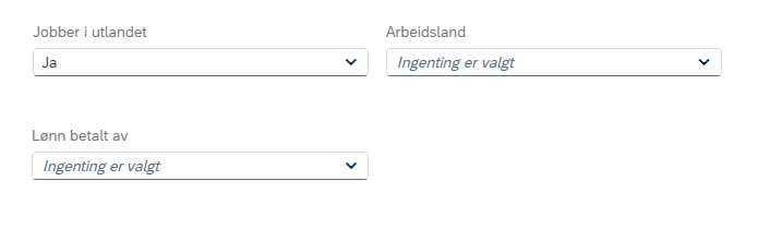 Feltene "Jobber i utlandet", "Arbeidsland" og "Lønn betalt av"