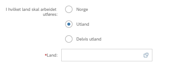 Skjermbildet viser tilgjengelige valg for hvor arbeidet skal gjennomføres.