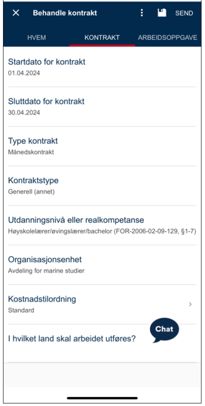 Skjermbilde av "Kontrakt" fanen, eksempelet viser utfylt informasjon for start- og sluttdato, type kontrakt, kontraktstype, utdanningsnivå og hvor kontrakten skal være gjeldende.