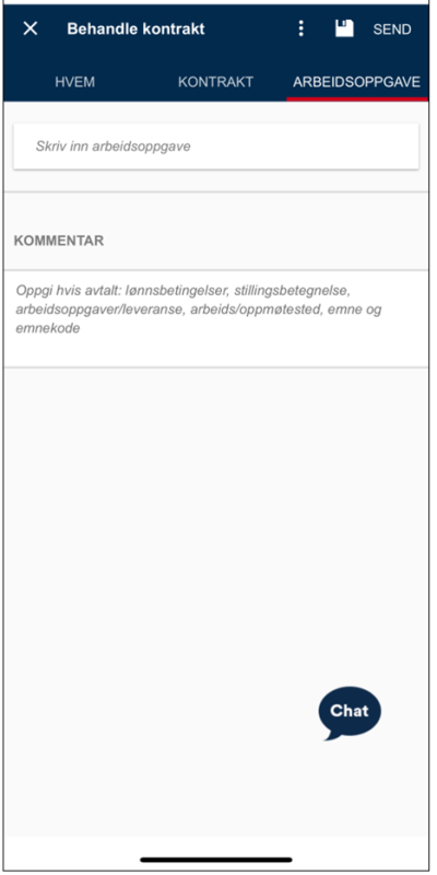 Skjermbilde av fanen "Arbeidsoppgaver", med eksempeltekst og kommentar utfylt.