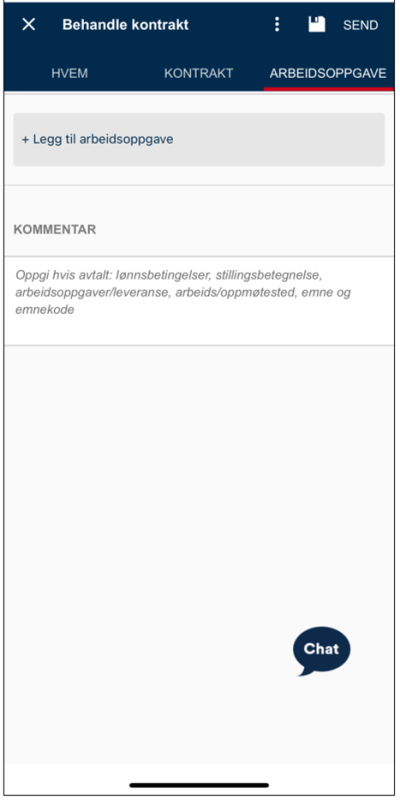 Skjermbilde av "Kontraktsoppgaver" for en time- eller oppdragskontrakt hvor knappen "+Legg til arbeidsoppgave" er synlig.