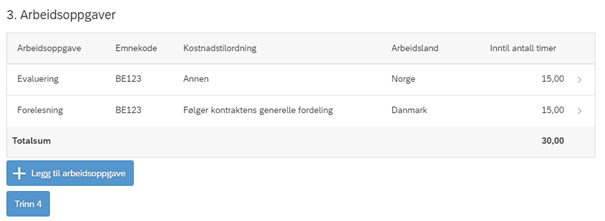 Skjermbildet viser trinn 3 arbeidsoppgaver for en timekontrakt med eksempler på oppgaver lagt inn.